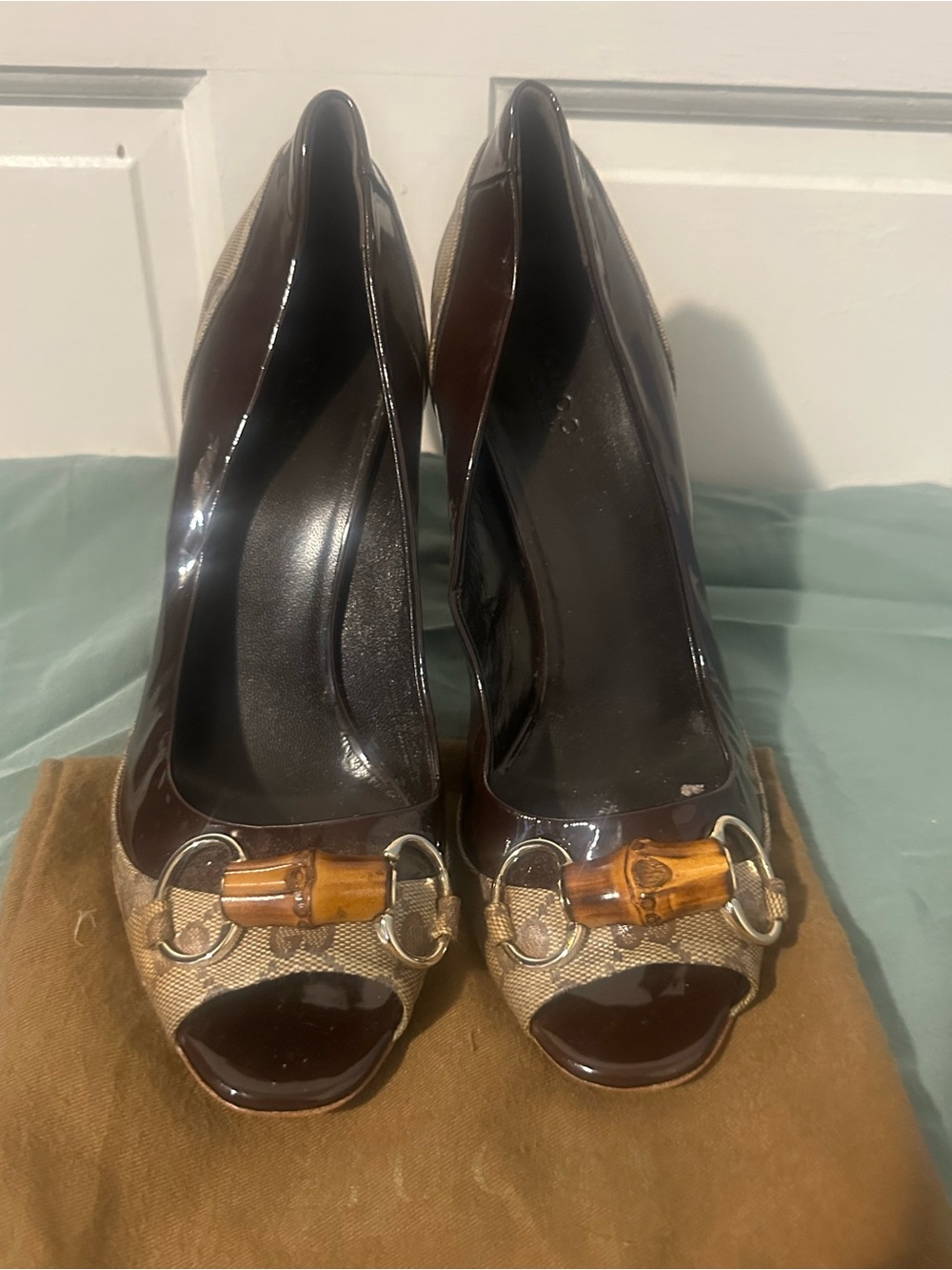 Gucci Brown and Tan Peep-Toe Heels with Bamboo Accent - Picture 1 of 8